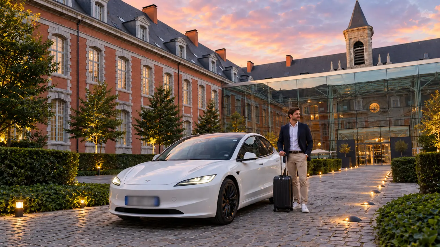 Tesla blanche dans une cour d’hôtel, avec un voyageur et sa valise